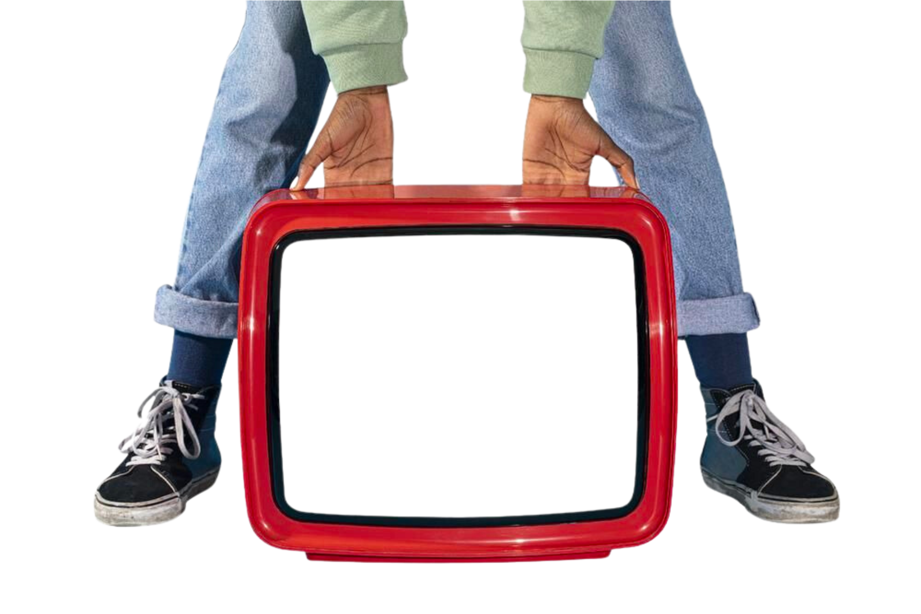 Person holding red television